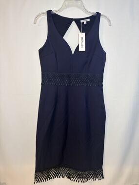 NWT Minuet Navy Blue Lace Waist Cutout Back Fringe Hem V-neck Sz Medium Party